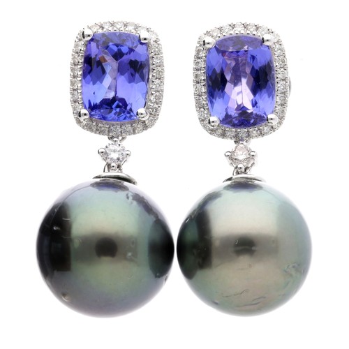 134 - Attractive pair of 18ct white gold droplet earrings,  with suspended large grey pearls and cushion t... 