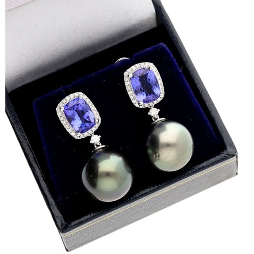 134 - Attractive pair of 18ct white gold droplet earrings,  with suspended large grey pearls and cushion t... 