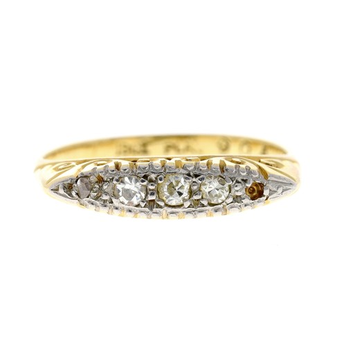 59 - Period 18ct and platinum scroll set diamond ring, width 4mm, 3.1gm, ring size K (one stone missing)... 