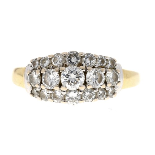 79 - Attractive 18ct yellow gold three row diamond ring, round brilliant-cuts, width 8mm, 2.9gm, ring siz... 