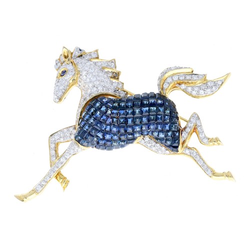 129 - Fine quality 18ct yellow gold pavé set horse design brooch, the body with calibrated sapphires with ... 