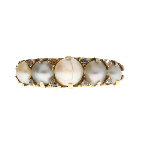 159 - Pretty antique 18ct yellow gold rose diamond and pearl ring in a scroll setting, width 6mm, 3.4gm, r... 