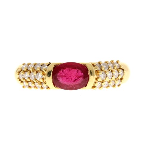 209 - 18ct yellow gold ruby and pavé diamond set dress band ring, the ruby 0.75ct approx, round brilliant-... 