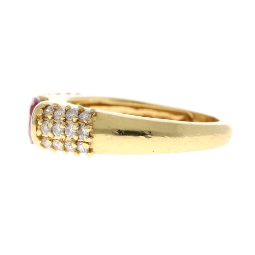 209 - 18ct yellow gold ruby and pavé diamond set dress band ring, the ruby 0.75ct approx, round brilliant-... 