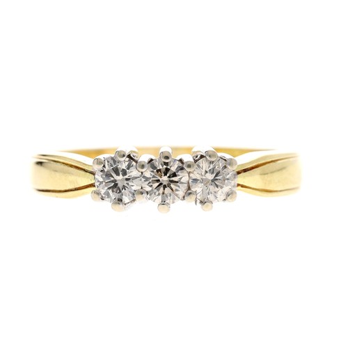 53 - 14ct yellow gold three stone diamond ring, round brilliant-cuts, 0.50ct approx, width 5mm, 4.9gm, ri... 