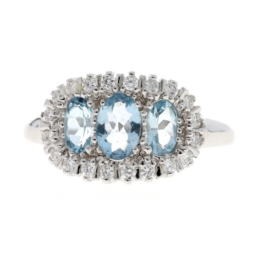 103 - Attractive modern 18ct white gold aquamarine and diamond oval cluster ring, set with three oval aqua... 