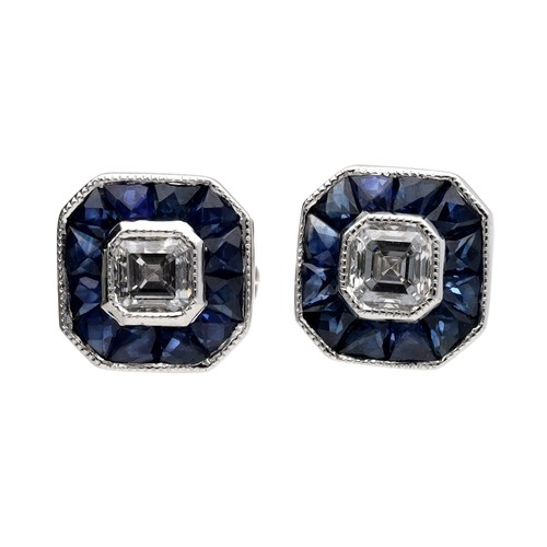 123 - Modern attractive pair of 18ct white gold sapphire and diamond cluster stud earrings, with asscher-c... 