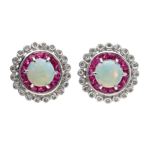 64 - Attractive modern pair of 18ct white gold circular cluster earrings, each with circular opal cabouch... 