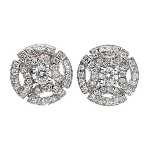 153 - Good pair of Art Deco style 18ct white gold circular pierced diamond set earrings, round brilliant-c... 