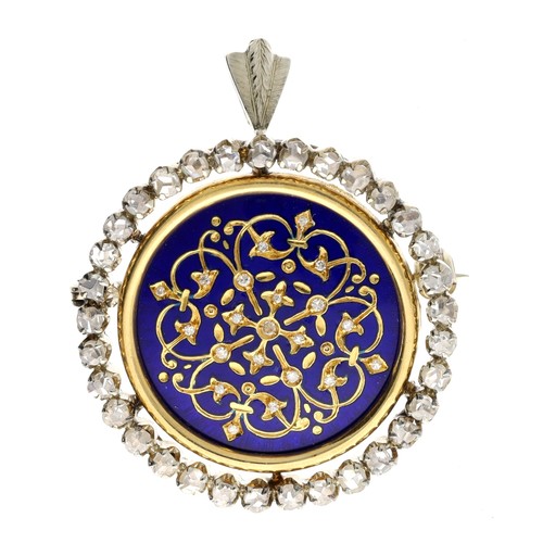 58 - Attractive 18ct rose diamond and blue enamel circular pendant/brooch, the centre with a scroll desig... 