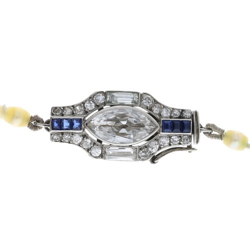 68 - Attractive antique graduated pearl necklace with a very fine diamond and sapphire white metal clasp,... 