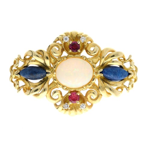 78 - Attractive 18ct yellow gold gem set brooch, with a centre cabouchon opal, with lapis lazuli, rubies ... 