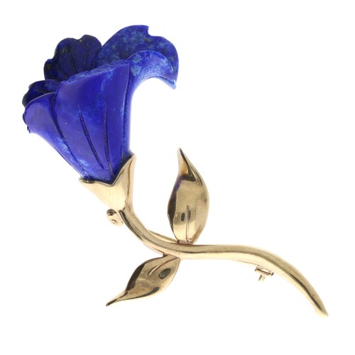 98 - Lapis lazuli 9ct floral design brooch, 10.4gm, 64mm (at fault)