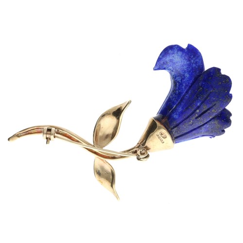 98 - Lapis lazuli 9ct floral design brooch, 10.4gm, 64mm (at fault)