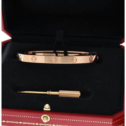 245 - Cartier Love 18ct rose gold bangle, signed Cartier 19, no. RJB036, 34.1gm, width 67mm** with the ori... 