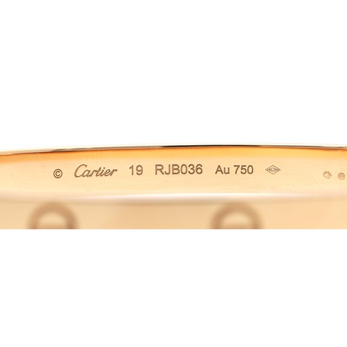 245 - Cartier Love 18ct rose gold bangle, signed Cartier 19, no. RJB036, 34.1gm, width 67mm** with the ori... 