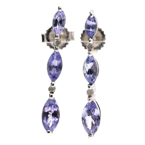 41 - Pair of 9ct white gold tanzanite and diamond earrings, post and butterfly backs, 1.2gm, 22mm... 