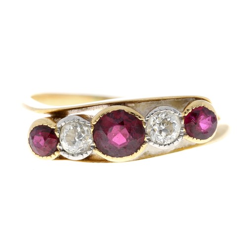 48 - 18ct ruby and diamond five stone ring in a cross-over design setting, width 6mm, 3.3gm, ring size P... 