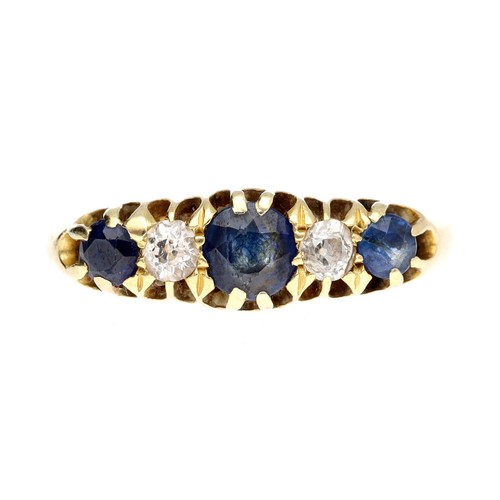 50 - 18ct yellow gold sapphire and diamond five stone claw set ring, width 7mm, 3.6gm, ring size O/P... 