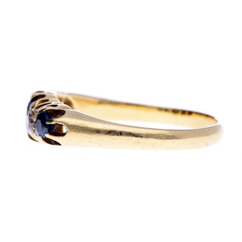 50 - 18ct yellow gold sapphire and diamond five stone claw set ring, width 7mm, 3.6gm, ring size O/P... 