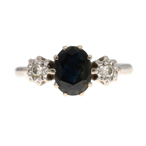 60 - 18ct white gold sapphire and diamond three stone ring, the sapphire 1.00ct approx, width 8mm, 4.1gm,... 