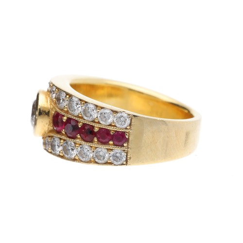 87 - Attractive bespoke 18ct yellow gold ruby and diamond dress ring, with a centre round brilliant-cut d... 