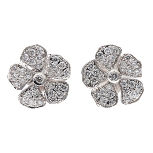 95 - Pair of 18ct white gold diamond set flower design earrings, round brilliant-cuts, estimated 0.70ct a... 