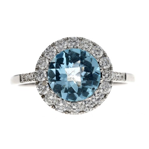 117 - Attractive modern 18ct white gold aquamarine and diamond circular cluster ring with set shoulders, t... 