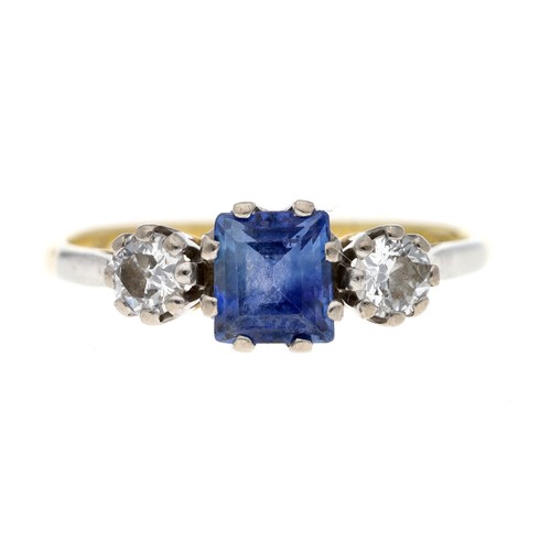 126 - 18ct yellow gold sapphire and diamond three stone ring, princess-cut sapphire 0.50ct approx, with ro... 