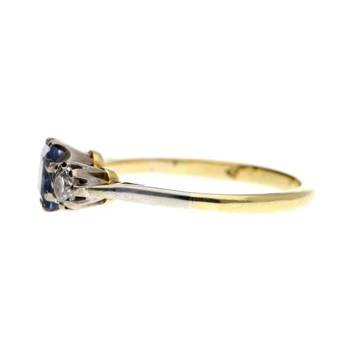 126 - 18ct yellow gold sapphire and diamond three stone ring, princess-cut sapphire 0.50ct approx, with ro... 