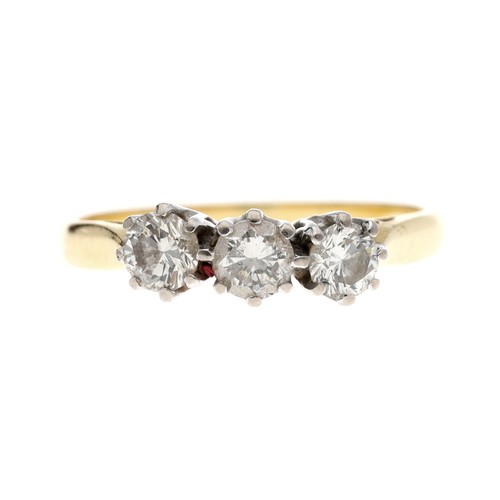 130 - 18ct yellow gold three stone diamond ring, round brilliant-cuts, 0.65ctm width 5mm, 3.1gm, ring size... 