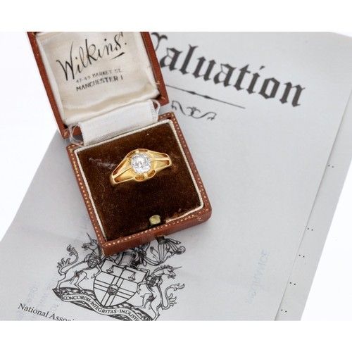 140 - Antique old cushion-cut solitaire diamond ring, raised in a rub-over claw setting in yellow gold, 1.... 