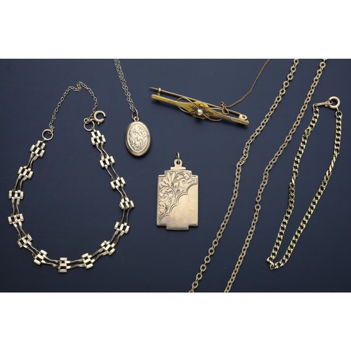 196 - Assorted 9ct items to include a locket, brooch, two bracelets, two necklets and an oval locket penda... 