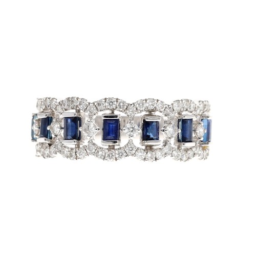 203 - Attractive 14ct white gold sapphire and diamond dress band ring, set with seven emerald-cut sapphire... 