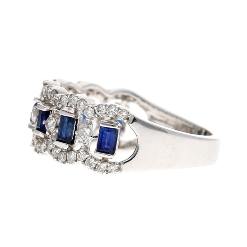 203 - Attractive 14ct white gold sapphire and diamond dress band ring, set with seven emerald-cut sapphire... 