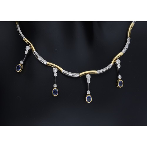 211 - Attractive modern 18ct bicolour sapphire and diamond necklet and matching bracelet, the wave set nec... 