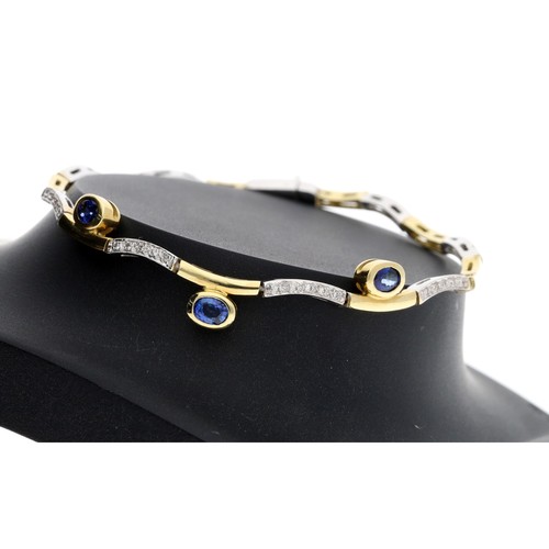 211 - Attractive modern 18ct bicolour sapphire and diamond necklet and matching bracelet, the wave set nec... 