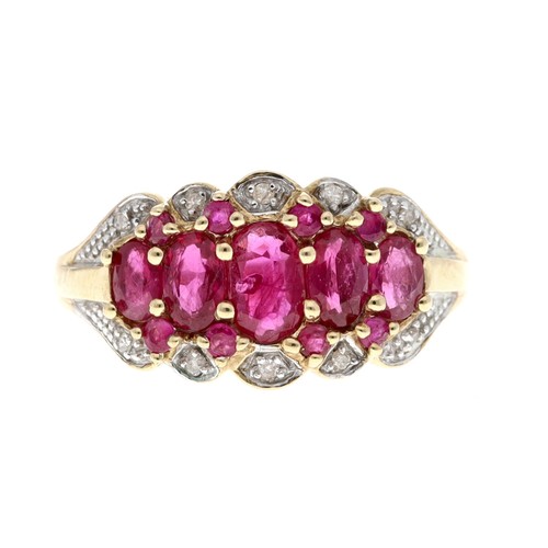 215 - Ruby and diamond 9ct yellow gold dress ring, width 12mm, 3.2gm, ring size Q