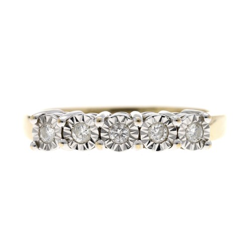 220 - 9ct yellow gold five stone diamond ring in an illusion setting, 0.15ct, width 3.5mm, 2.7gm, ring siz... 