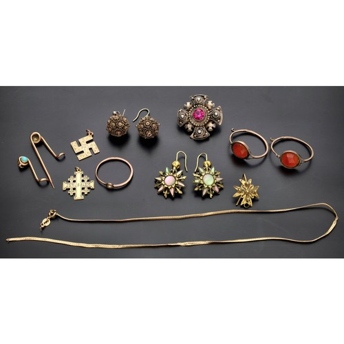 229 - Two 9ct pendants, broken 9ct brooch and chain 8.3gm in total; with a pair of stone set earring, sing... 