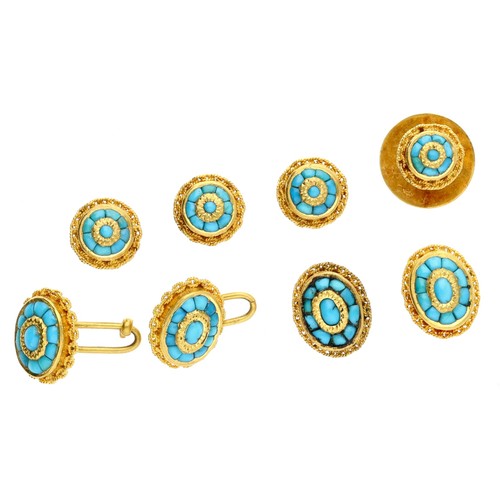 227 - Yellow metal turquoise set part stud set, 14.6gm