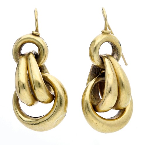 228 - Pair of gold drop earrings, hook backs, 5.3gm, drop 36mm