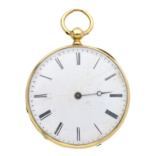 157 - 18ct cylinder fob watch in an engine turned and enamel case, 30.7gm, 36mm (at fault) ... 