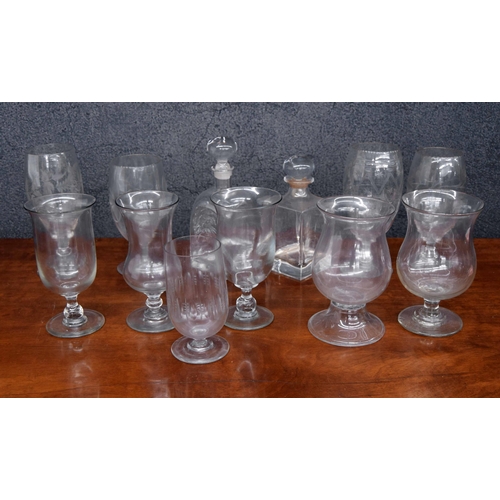 563 - Two square glass spirit decanters with stoppers; together with four engraved glass vases and six fur... 