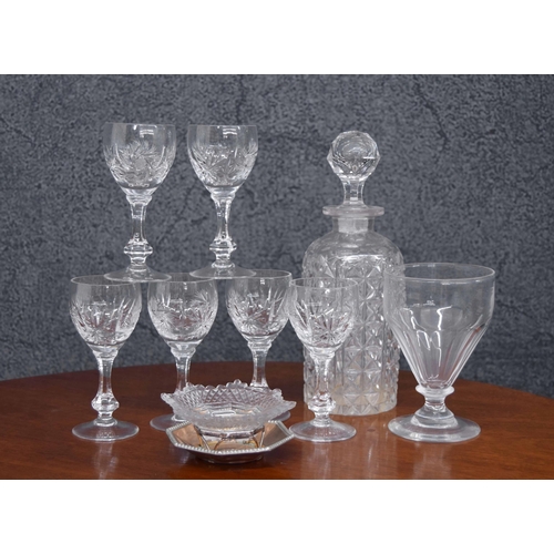 567 - Set of six cut glass sherry glasses; together with a spirit decanter, rummer glass and shallow dish ... 