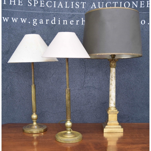 579 - Decorative resin gilt and faux marble Corinthian column table lamp; together with a pair of Regency ... 