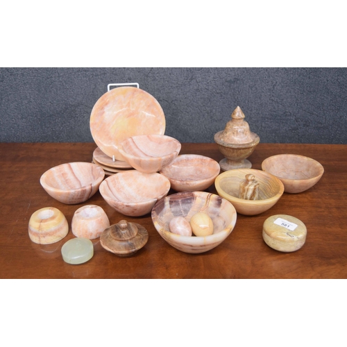 581 - Group of polished stone pots, dishes eggs etc.