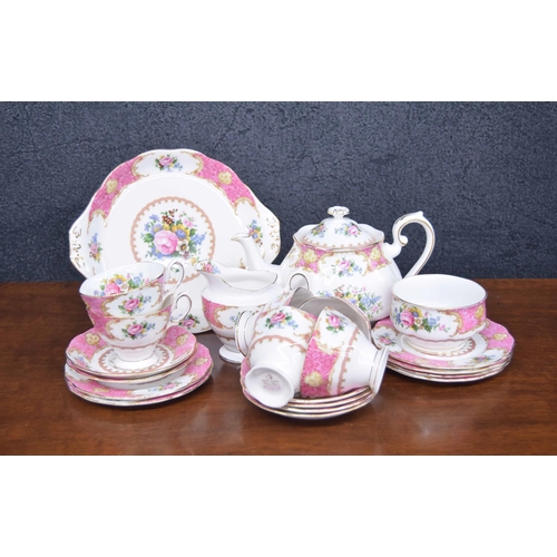 621 - Royal Albert Lady Carlyle pattern tea set; comprising teapot, jug and sugar bowl, six tea cups and s... 