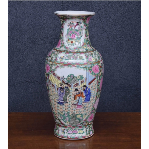 641 - Chinese famille rose porcelain baluster vase, decorated with figures on a terrace panels within a de... 