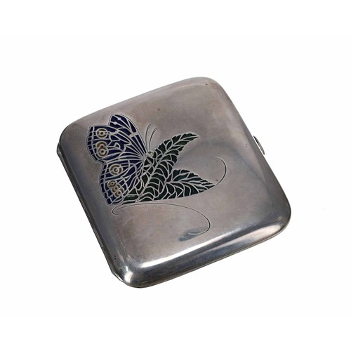 529 - French silver plique-á-jour cigarette case, the top decorated with a butterfly enclosing a gi... 